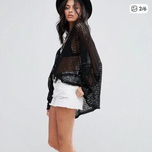 We The Free Black Open Weave Crochet Sweater Top